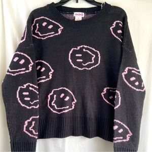 Trendy NWT  Black Sweater with Pink Smiley Faces